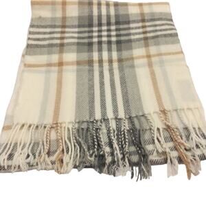 White Nova Check Plaid Scarf 66" Fringed Acrylic Material Soft Luxury